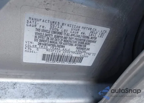 2013 Nissan Sentra Sr z USA, uszkodzony, nr VIN 3N1AB7AP3DL732394